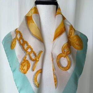 CELINE Silk Bandana Scarf – Gold Medallion Chain Print – 26” Square – Italy